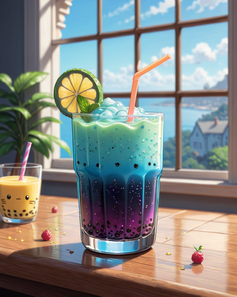 An AI Generated Image of Boba Tea on a windowsill.