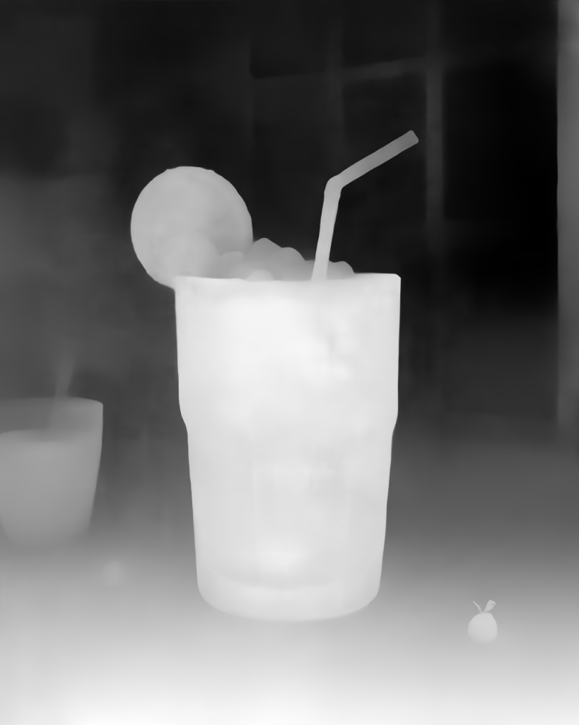 A depth map, computed from an image of Boba Tea on a windowsill.